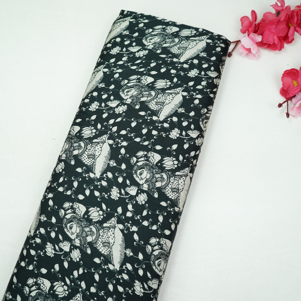 Black Floral Print Modal Satin Fabric VP-35416