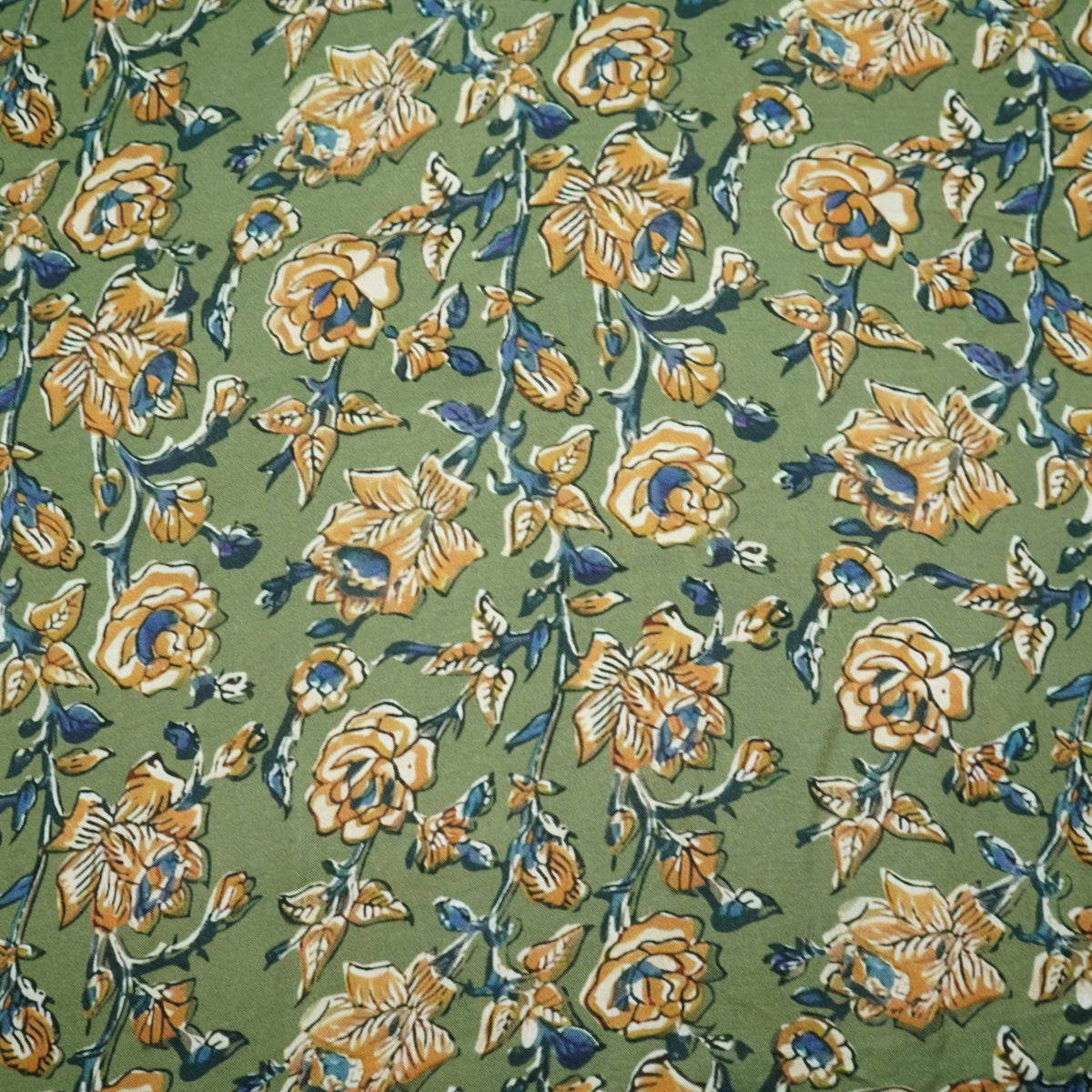 Olive Green Floral Print Modal Satin Fabric VP-35412
