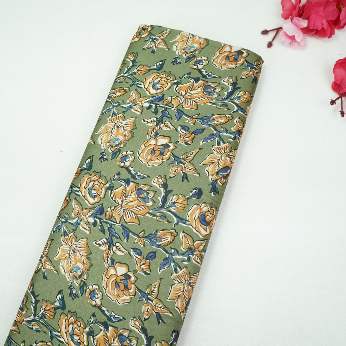 Olive Green Floral Print Modal Satin Fabric VP-35412