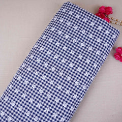 Navy Blue & White Check Floral Embroidery Cotton Fabric MJF-30614