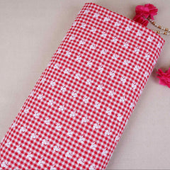 Red & White Check Floral Embroidery Cotton Fabric MJF-30616