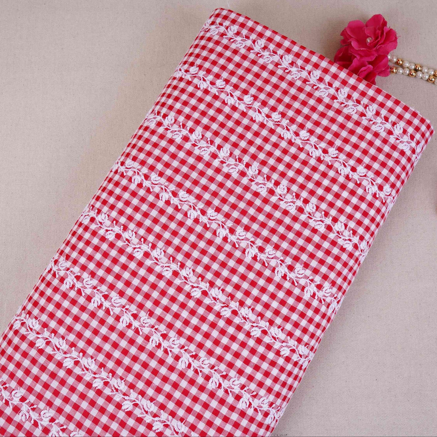 Red & White Check Floral Stripes Embroidery Cotton Fabric MJF-30617