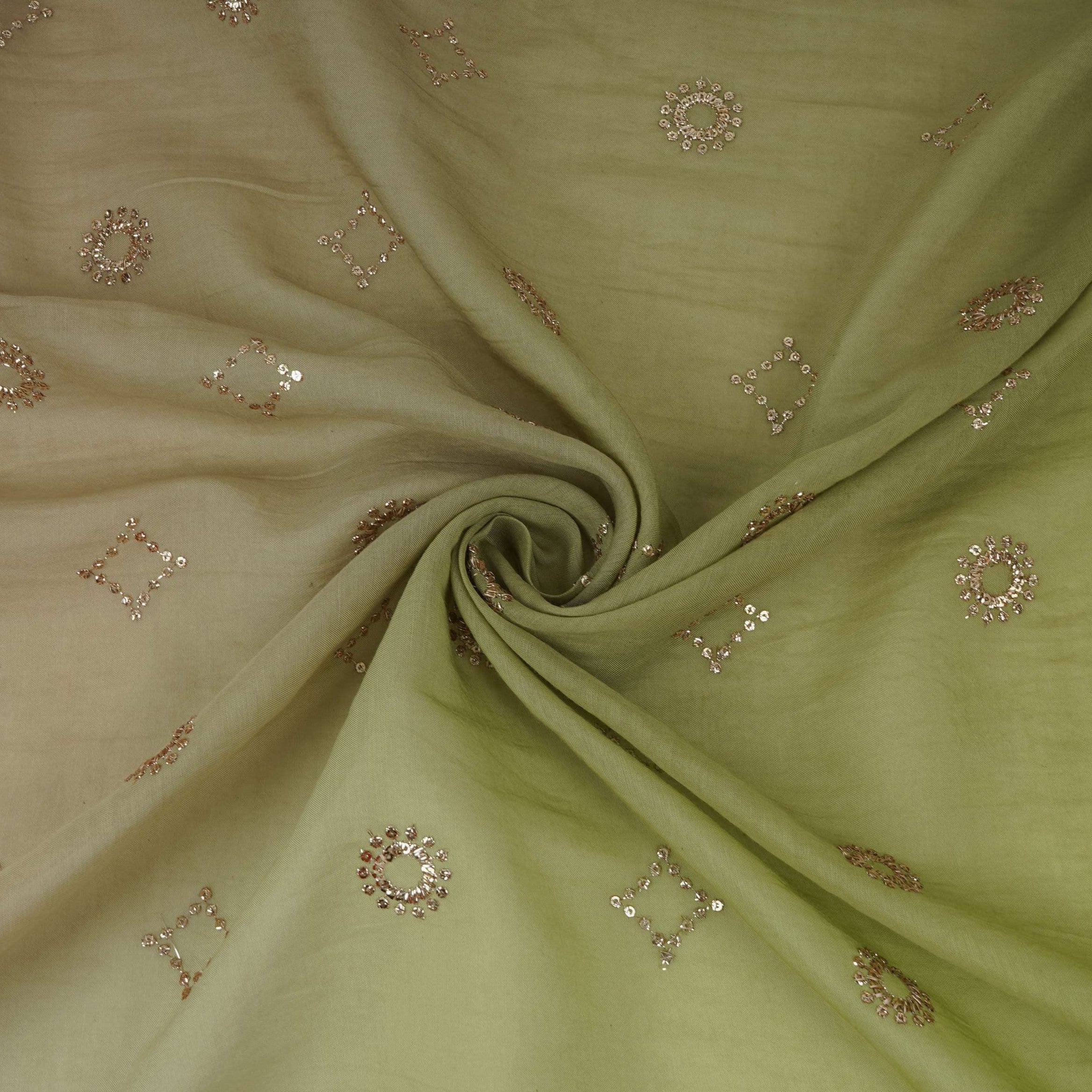 Light With Dark Green 4D Sequins Embroidery Malai Chanderi Fabric VF-32315 - TradeUNO