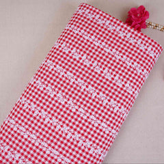 Red & White Check Floral Stripes Embroidery Cotton Fabric MJF-30617