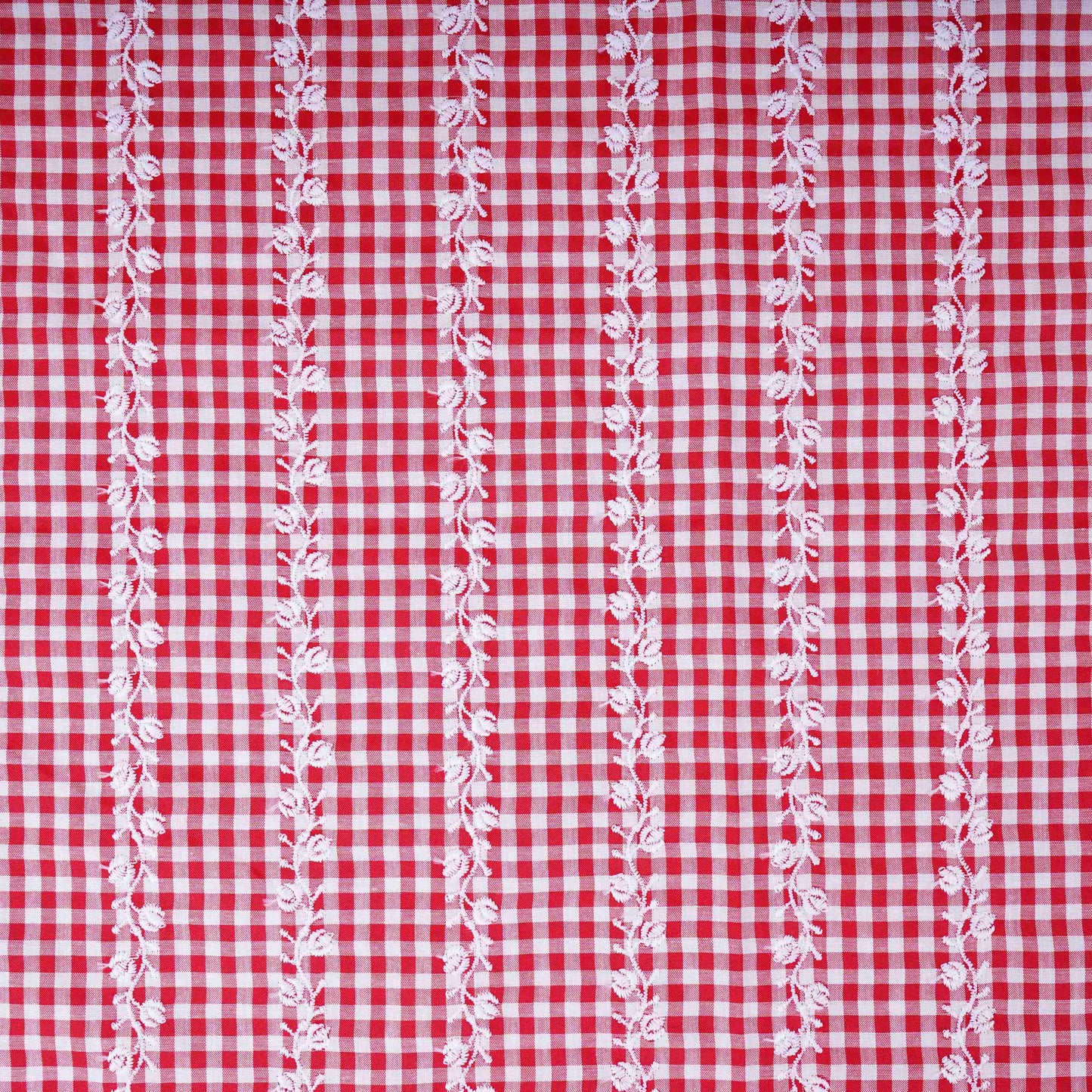Red & White Check Floral Stripes Embroidery Cotton Fabric MJF-30617