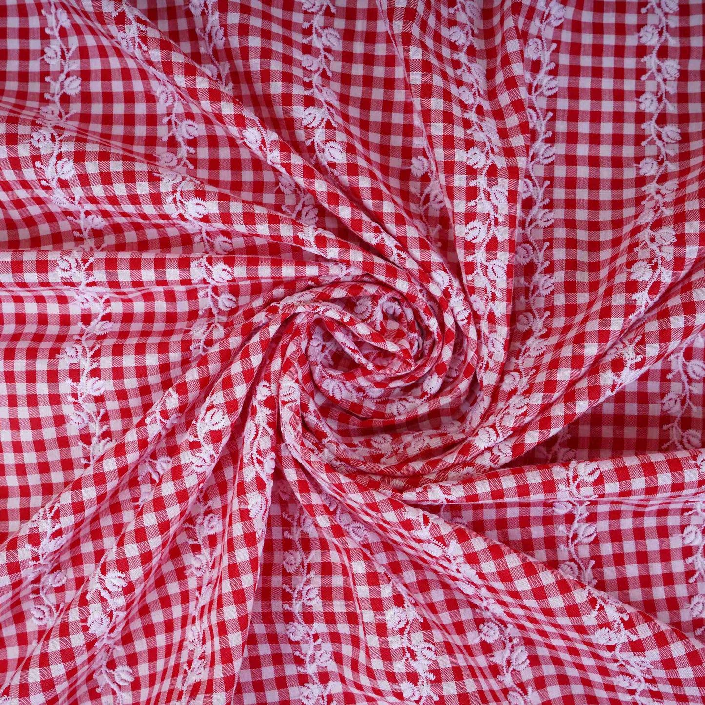 Red & White Check Floral Stripes Embroidery Cotton Fabric MJF-30617