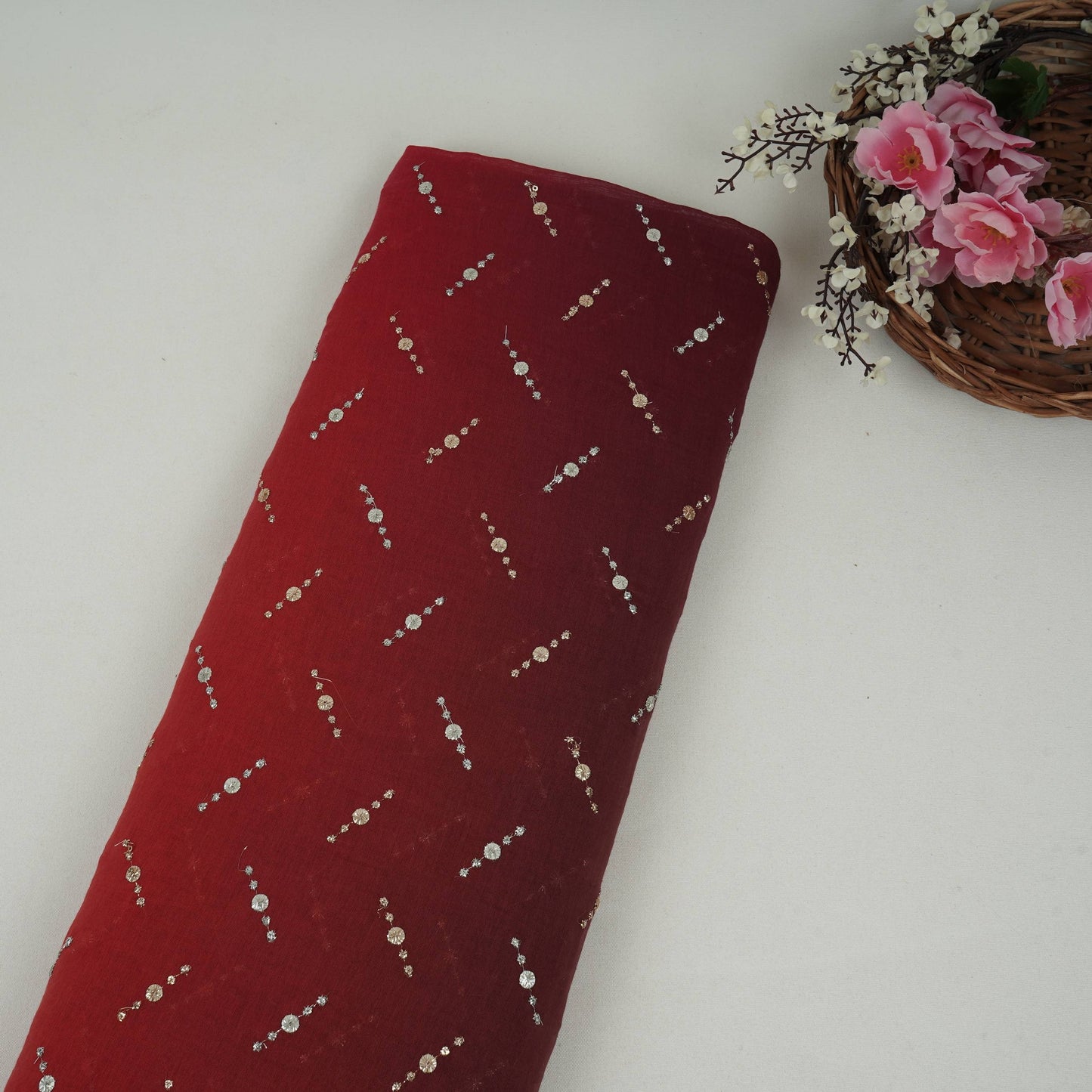 Red with Pink 4D Buti embroidery Malai Chanderi Fabric VF-32238