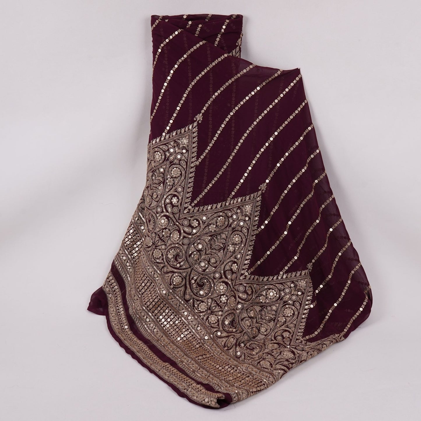 Wine Zari Stripes With Sequins Embroidery Georgette Fabric DR-32369
