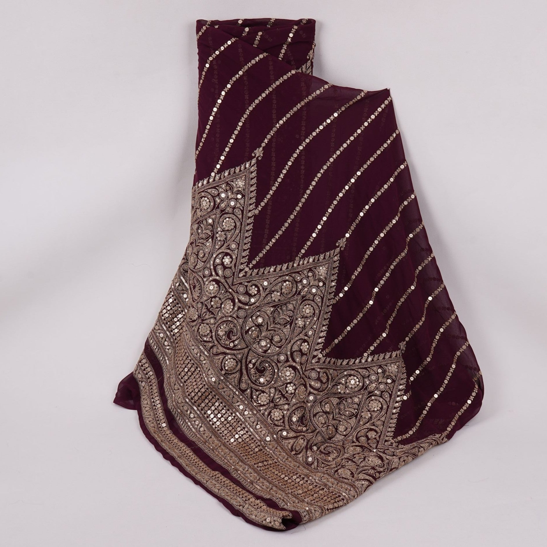 Wine Zari Stripes With Sequins Embroidery Georgette Fabric DR-32369 - TradeUNO