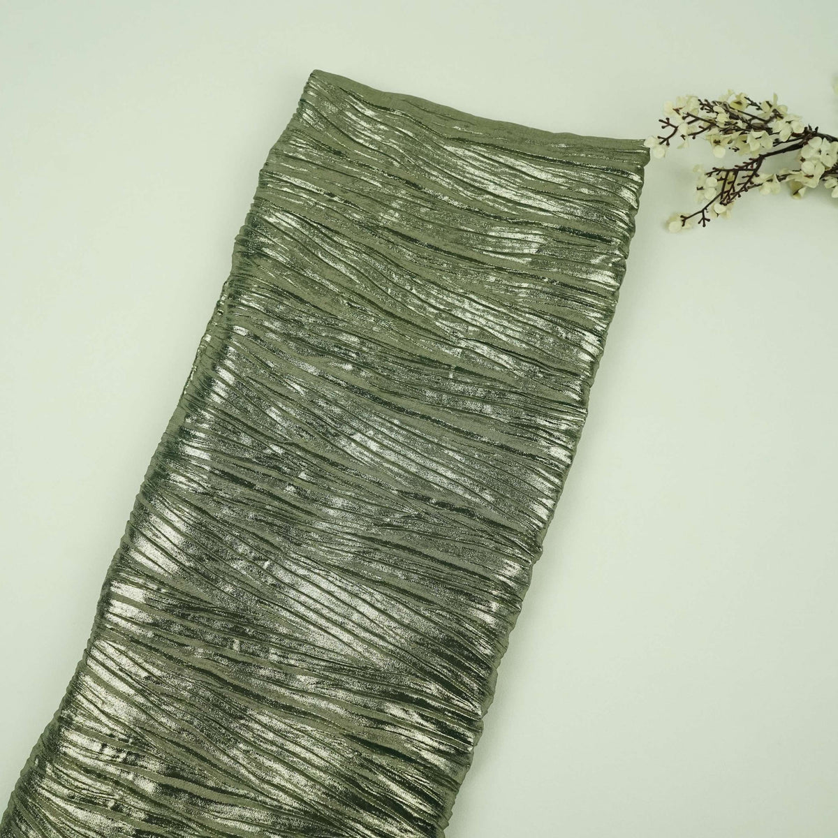 Green Pleated Golden Foil Chiffon Fabric LI-33892