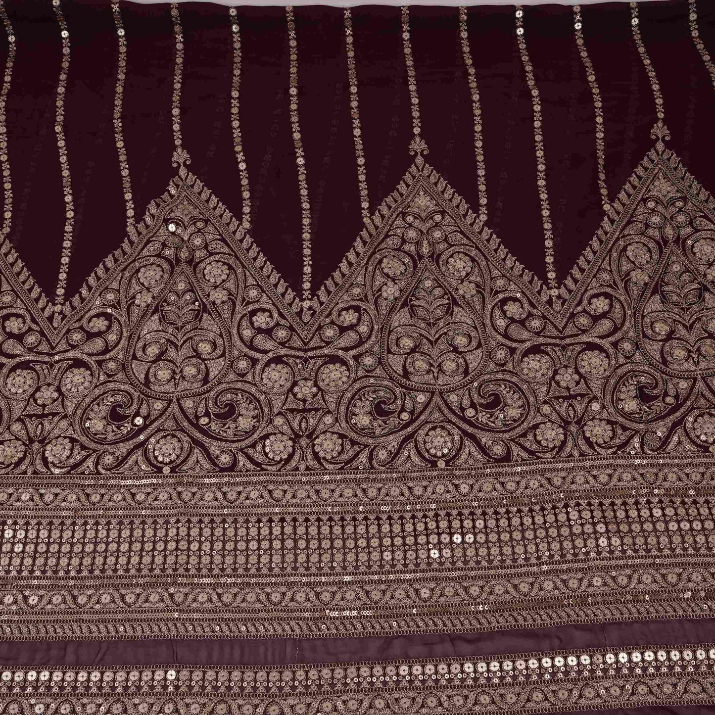 Wine Zari Stripes With Sequins Embroidery Georgette Fabric DR-32369