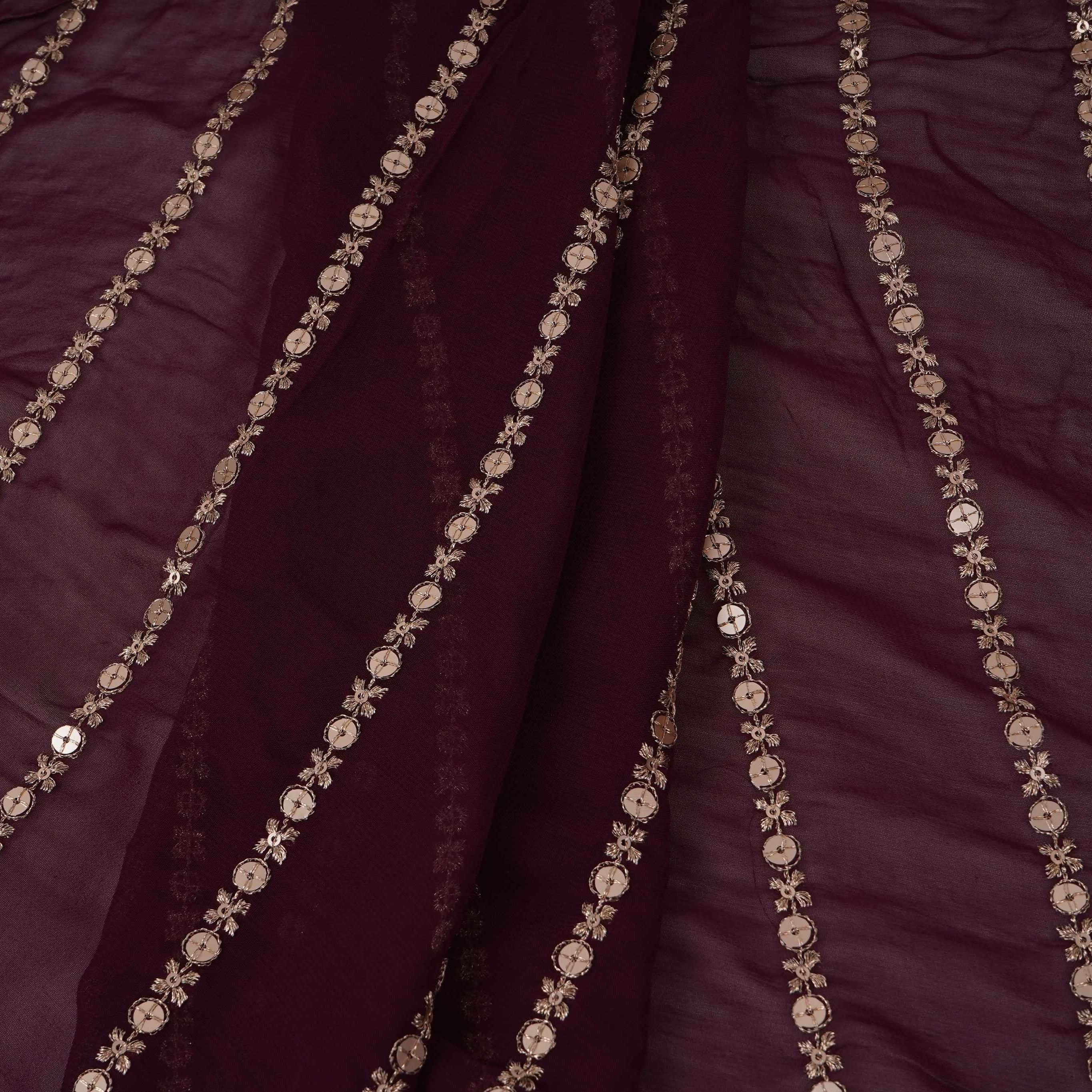 Wine Zari Stripes With Sequins Embroidery Georgette Fabric DR-32369 - TradeUNO