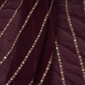 Wine Zari Stripes With Sequins Embroidery Georgette Fabric DR-32369 - TradeUNO