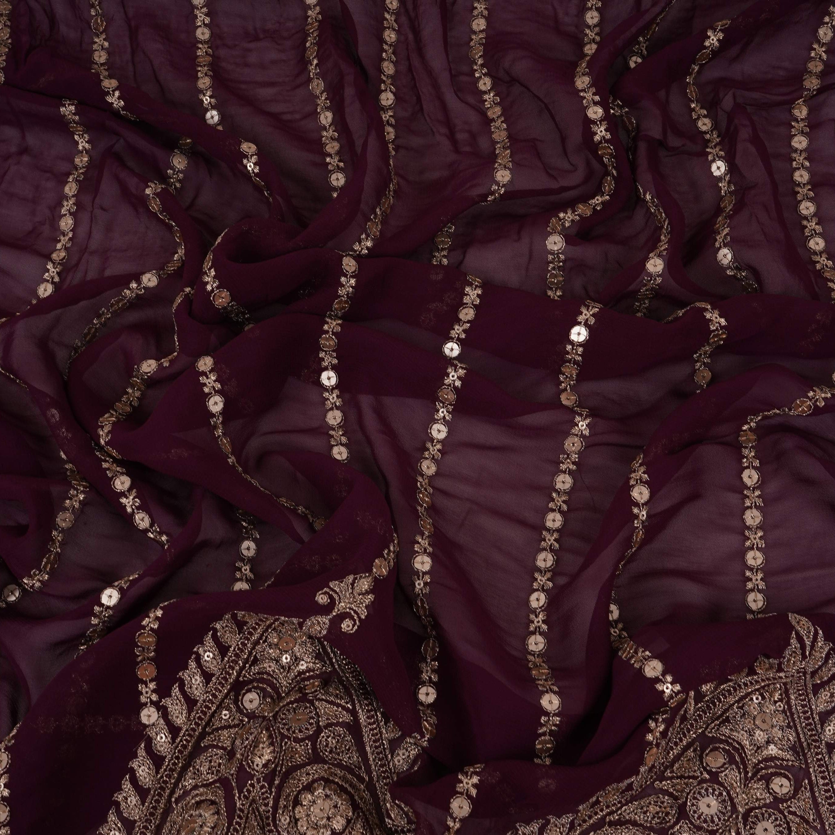 Wine Zari Stripes With Sequins Embroidery Georgette Fabric DR-32369 - TradeUNO