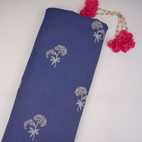 Blue Floral Thread Embroidery Thin Denim Fabric GPF-32326