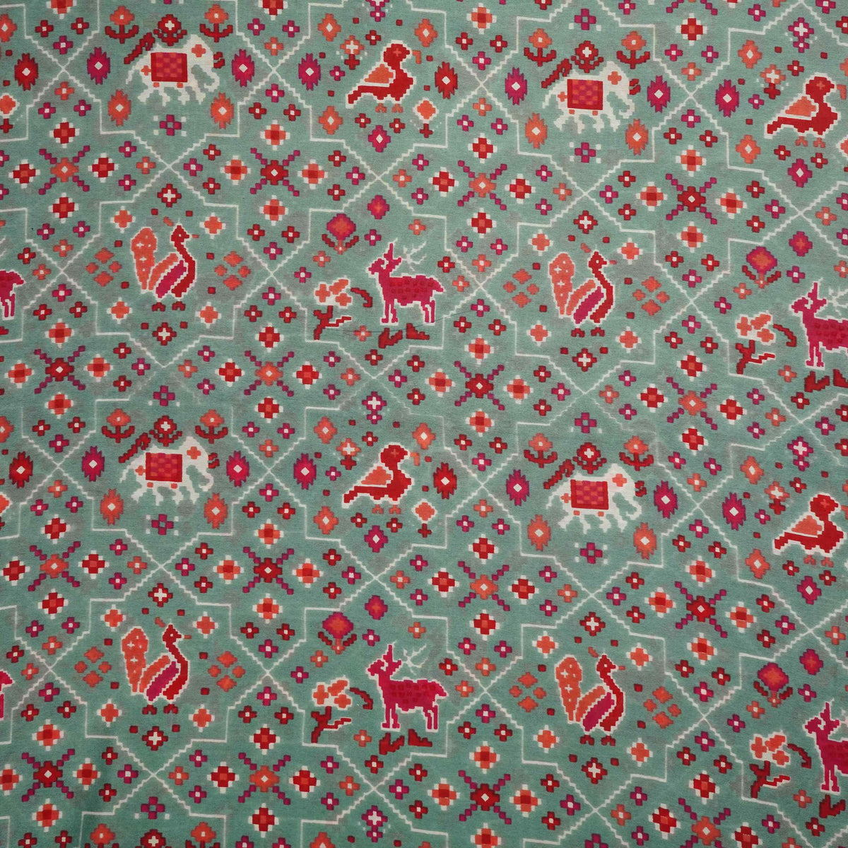 Sea Green Traditional Print Chanderi Fabric