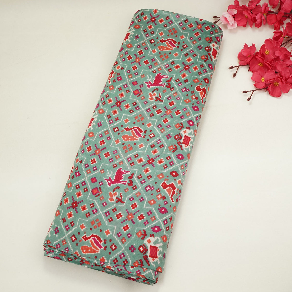 Sea Green Traditional Print Chanderi Fabric