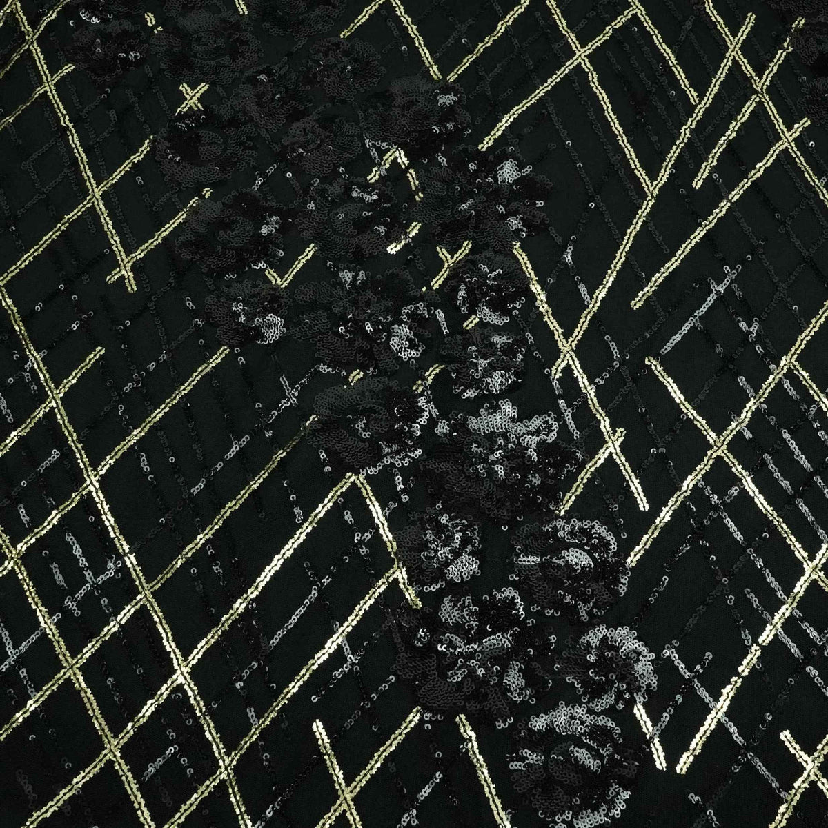 Black & Golden Sequins Embroidery Net Fabric TF-34334