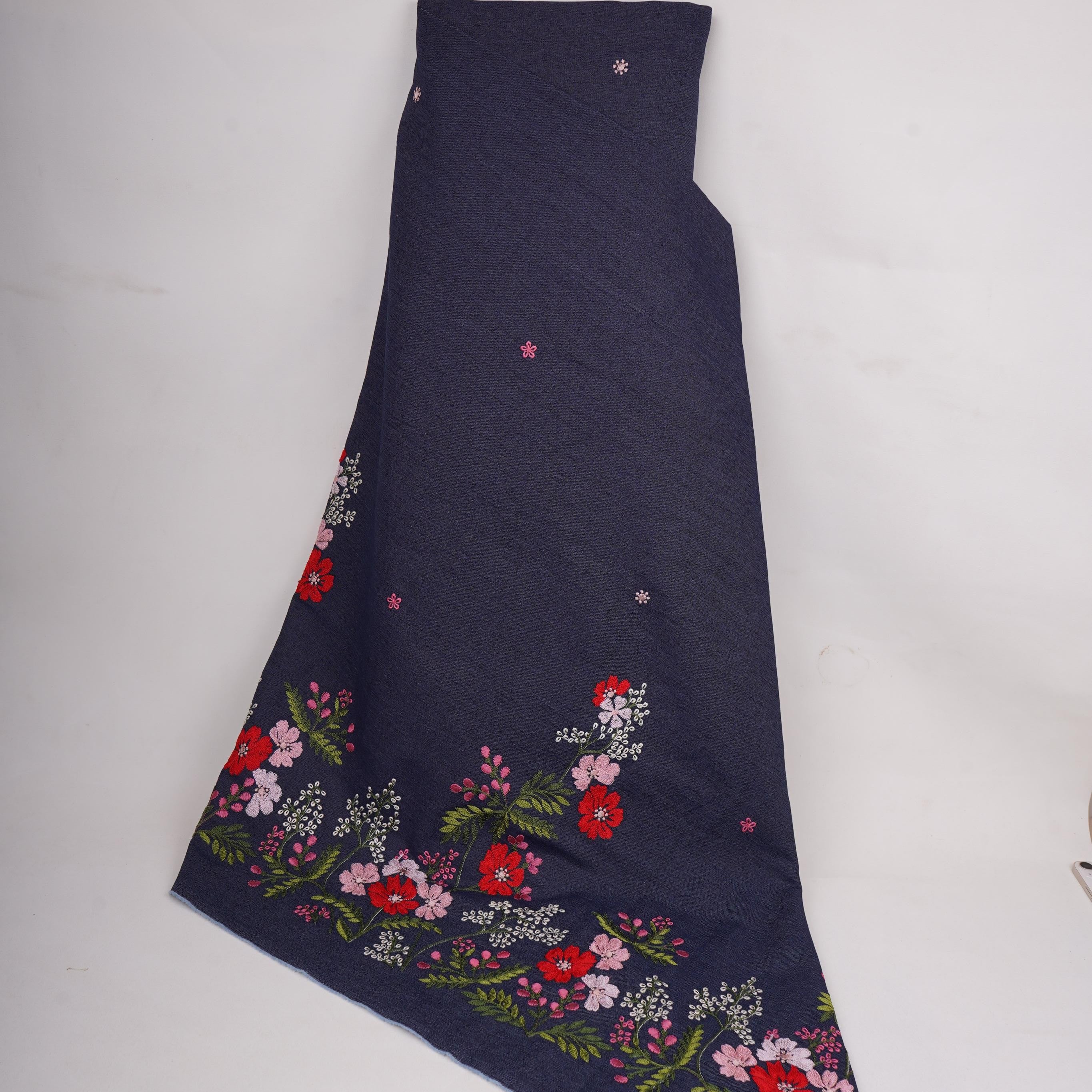 Dark Blue Floral Thread Embroidery Denim Fabric GPF-32329 - TradeUNO