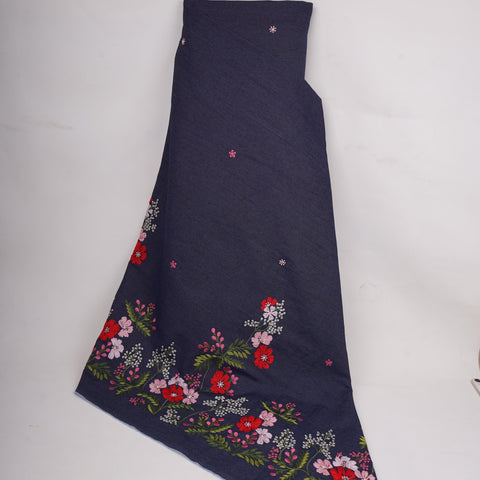 Dark Blue Floral Thread Embroidery Denim Fabric GPF-32329