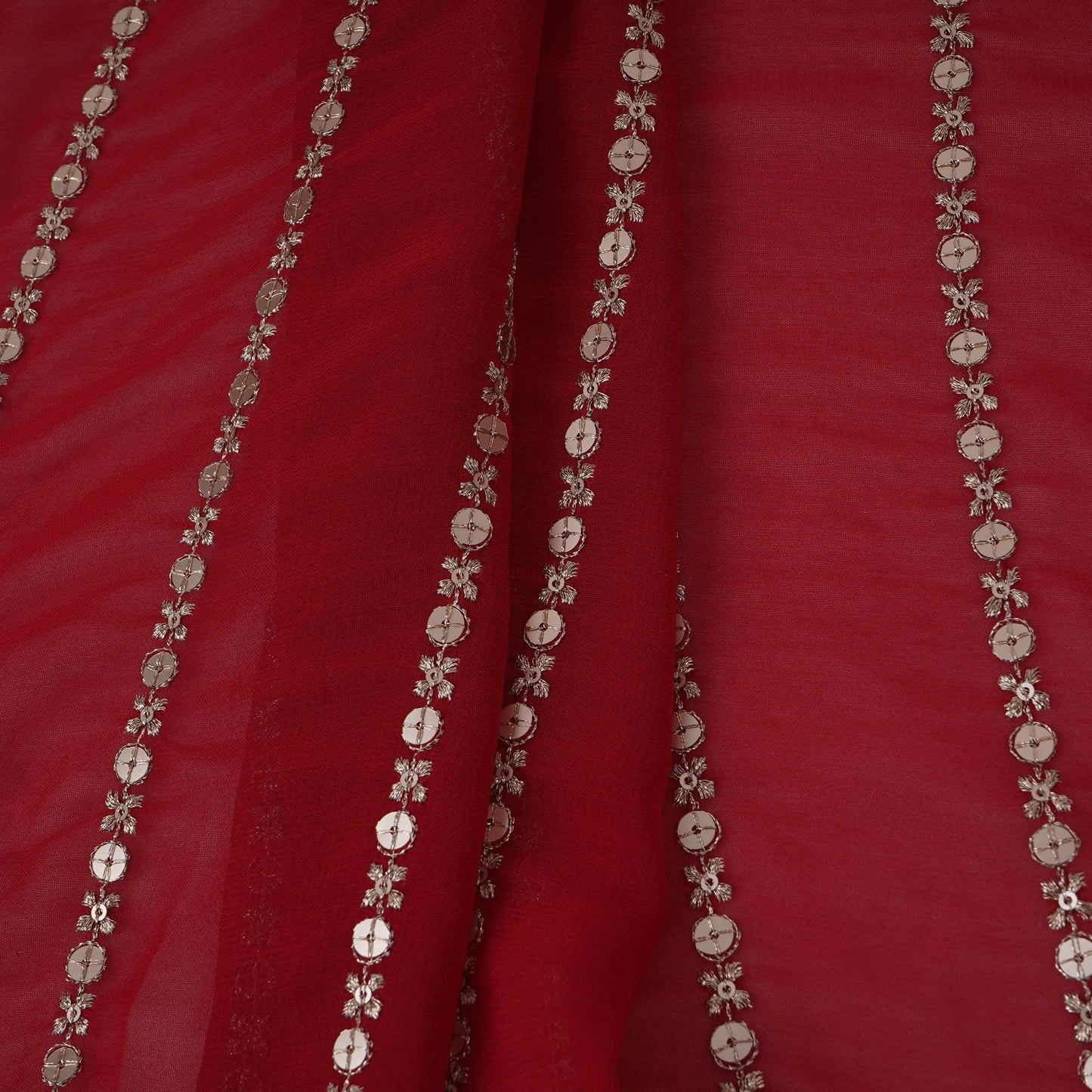 Red Zari Stripes With Sequins Embroidery Georgette Fabric DR-32370