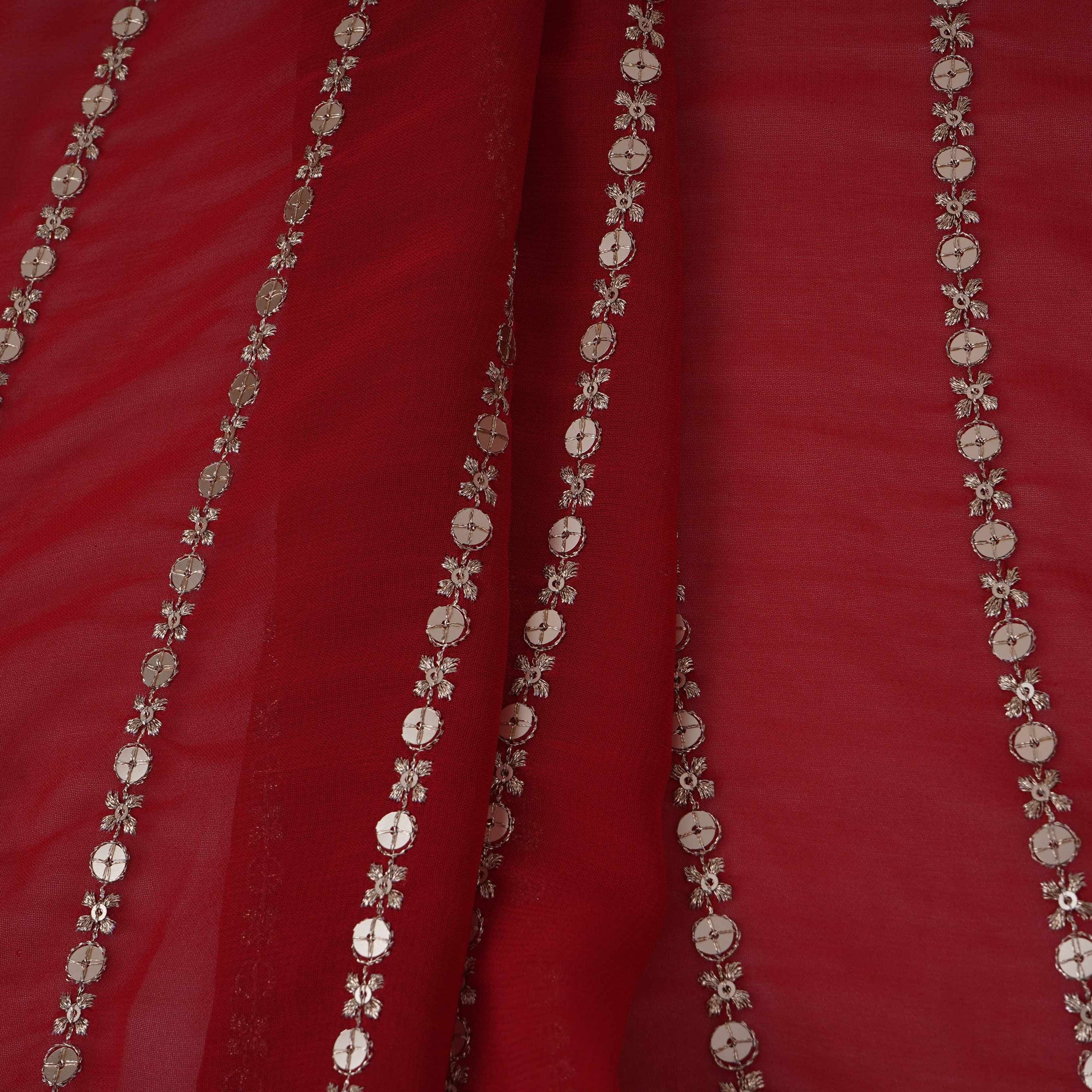 Red Zari Stripes With Sequins Embroidery Georgette Fabric DR-32370 - TradeUNO