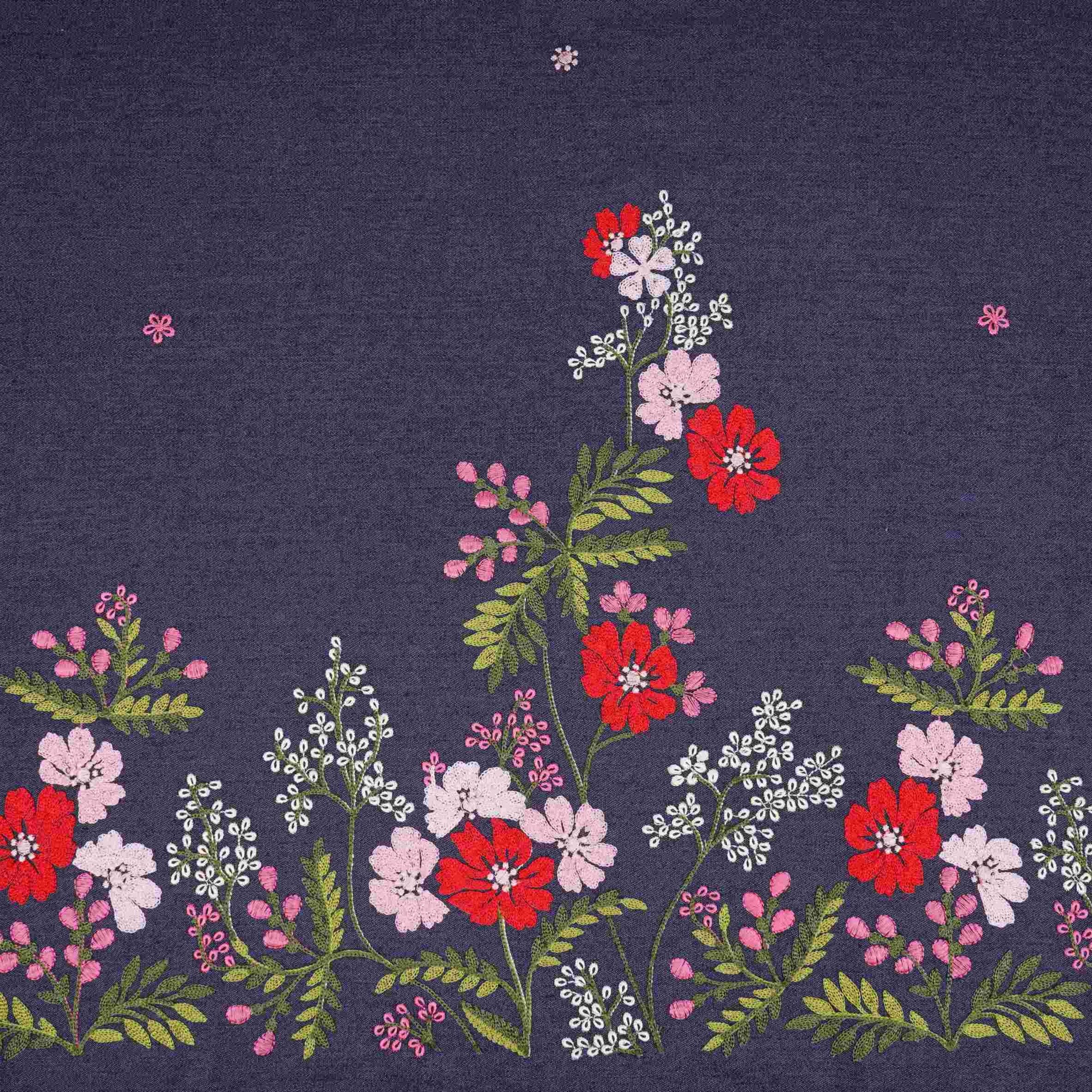 Dark Blue Floral Thread Embroidery Denim Fabric GPF-32329 - TradeUNO