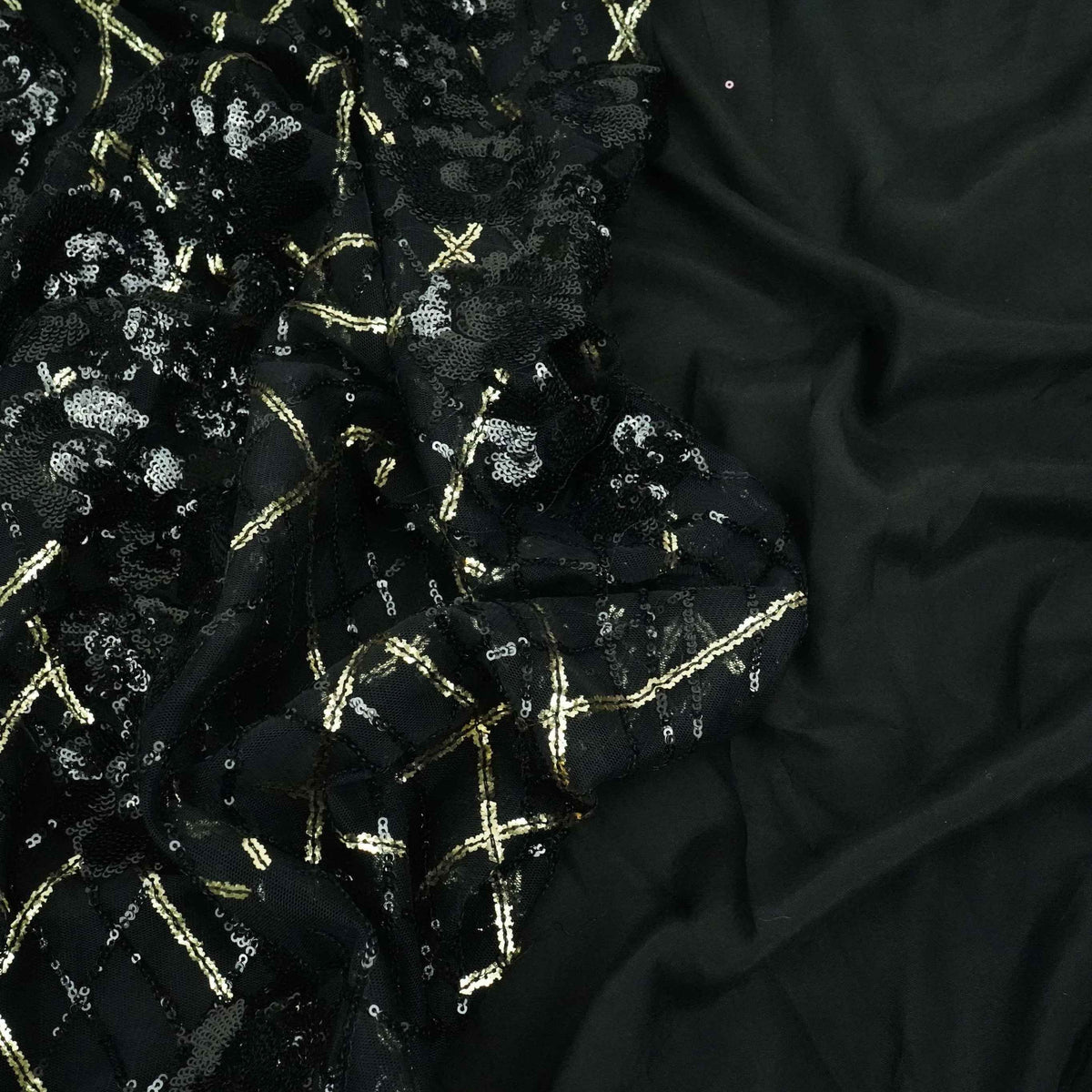 Black & Golden Sequins Embroidery Net Fabric TF-34334