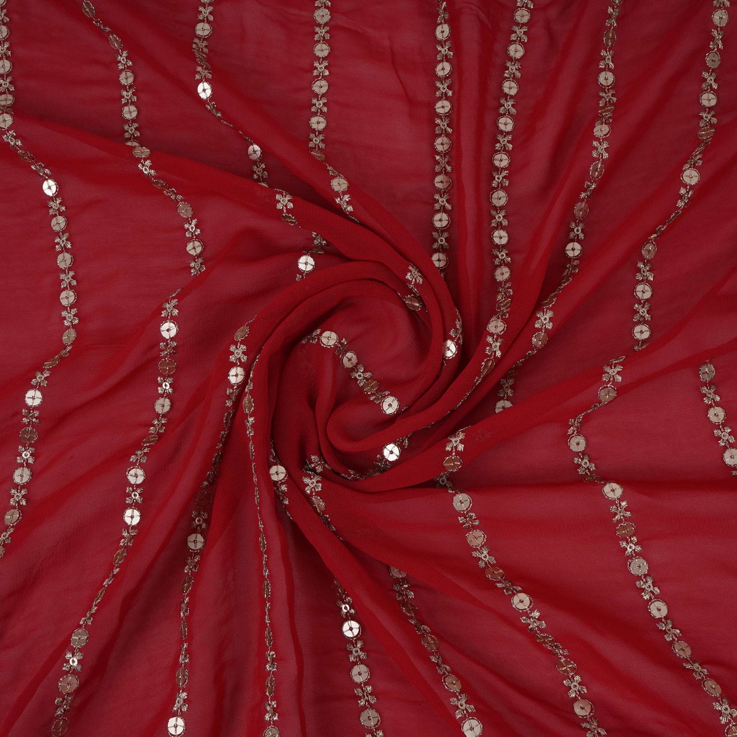 Red Zari Stripes With Sequins Embroidery Georgette Fabric DR-32370