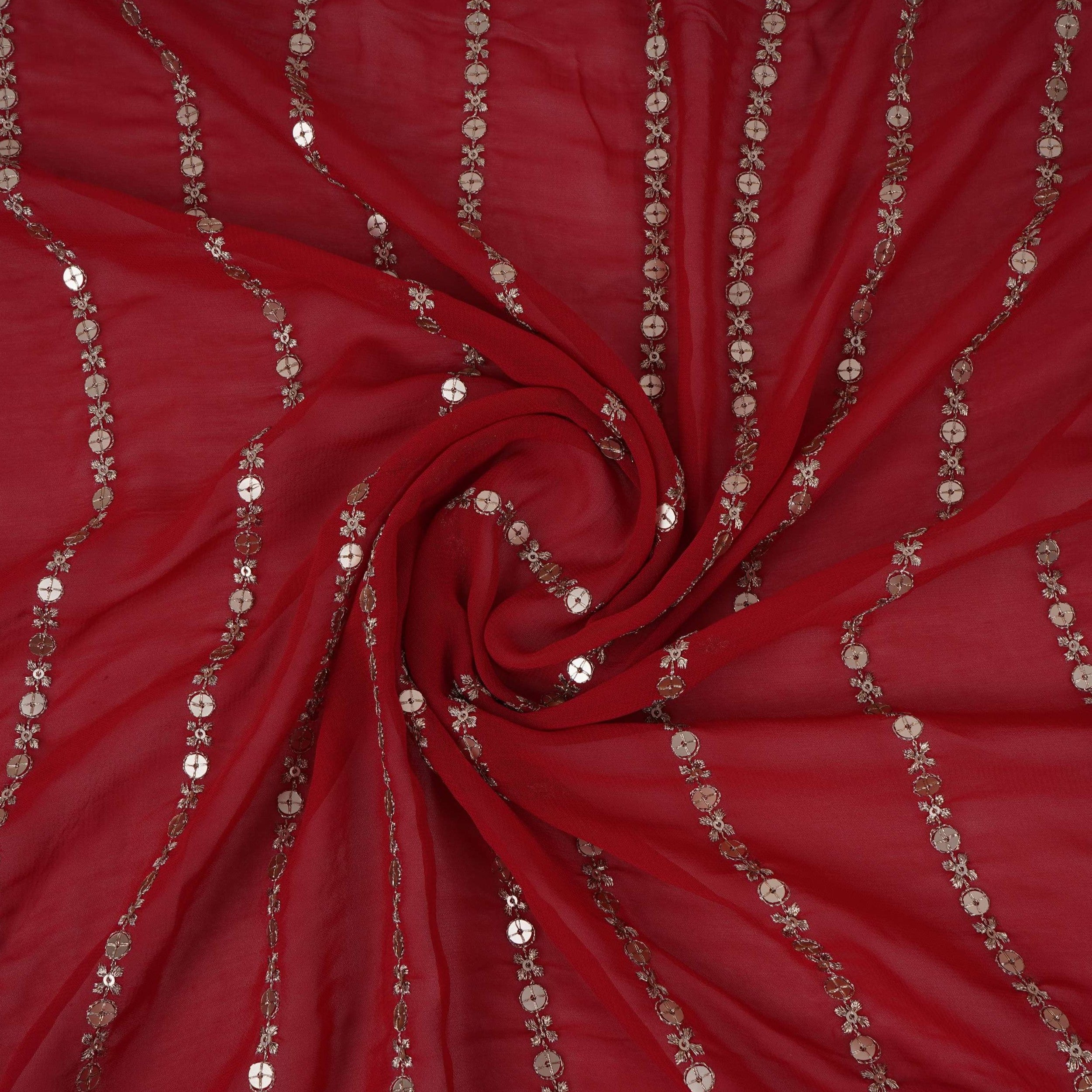 Red Zari Stripes With Sequins Embroidery Georgette Fabric DR-32370 - TradeUNO