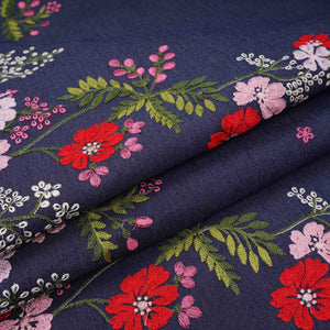 Dark Blue Floral Thread Embroidery Denim Fabric GPF-32329 - TradeUNO