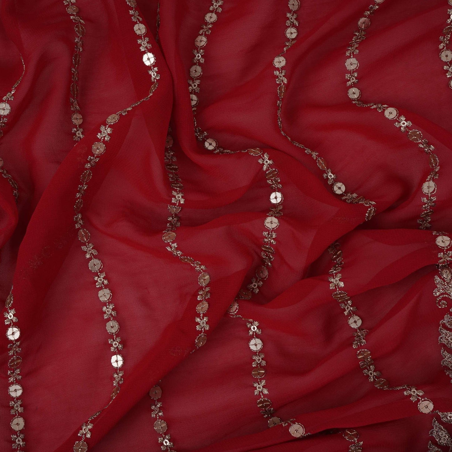 Red Zari Stripes With Sequins Embroidery Georgette Fabric DR-32370