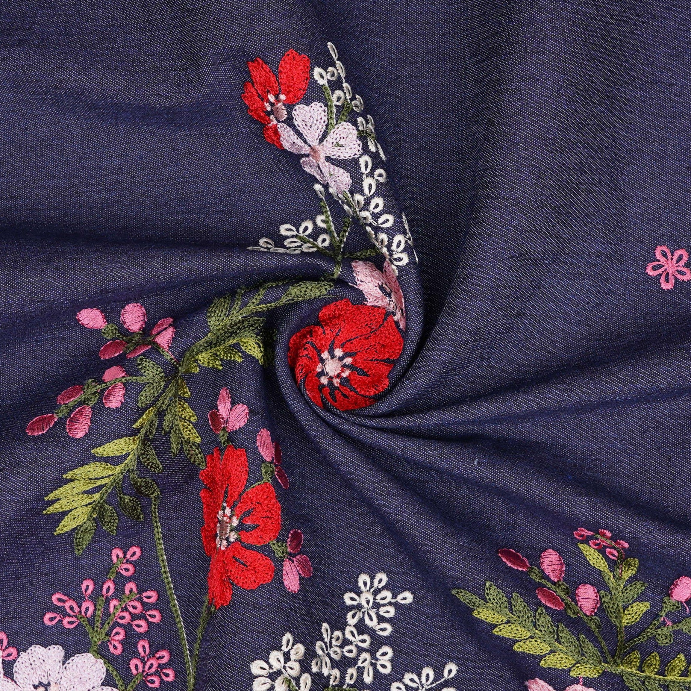 Dark Blue Floral Thread Embroidery Denim Fabric GPF-32329 - TradeUNO