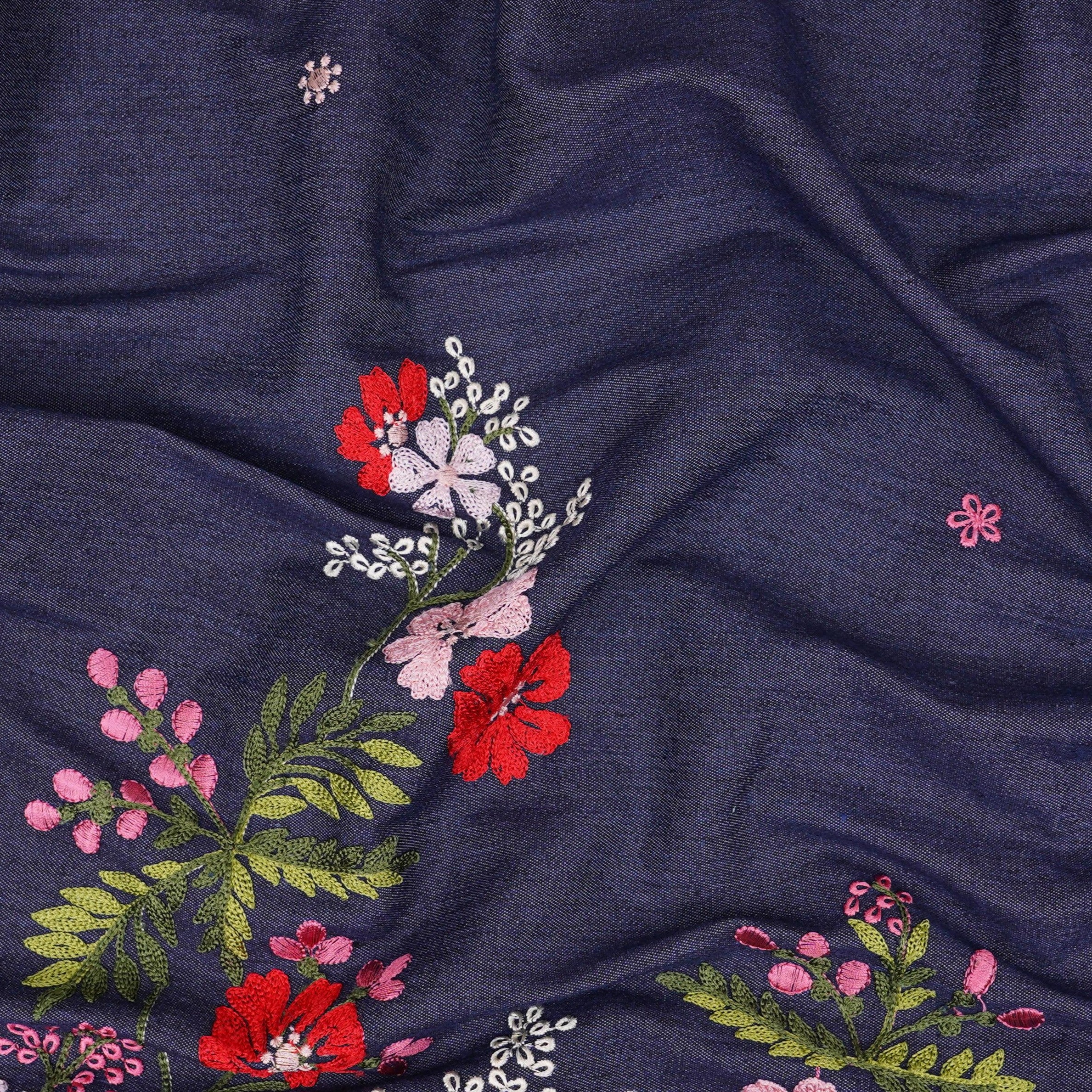 Dark Blue Floral Thread Embroidery Denim Fabric GPF-32329 - TradeUNO