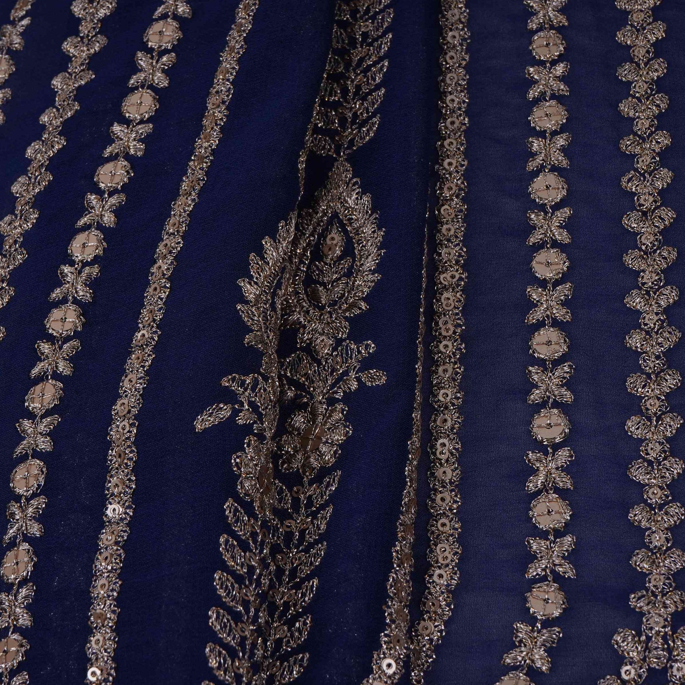 Royal Blue Heavy Zari Sequins Embroidery Georgette Fabric DR-32405 - TradeUNO