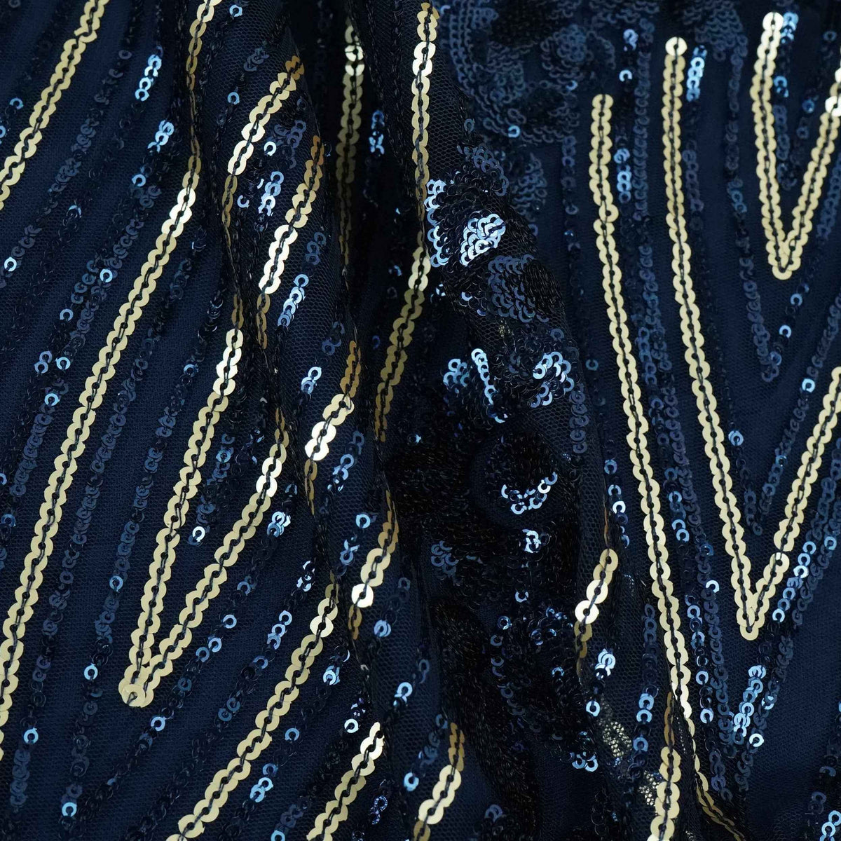 Navy Blue Abstract Sequins Embroidery Net Fabric TF-34336