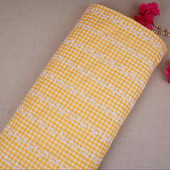 Yellow & White Check Floral Stripes Embroidery Cotton Fabric MJF-30613
