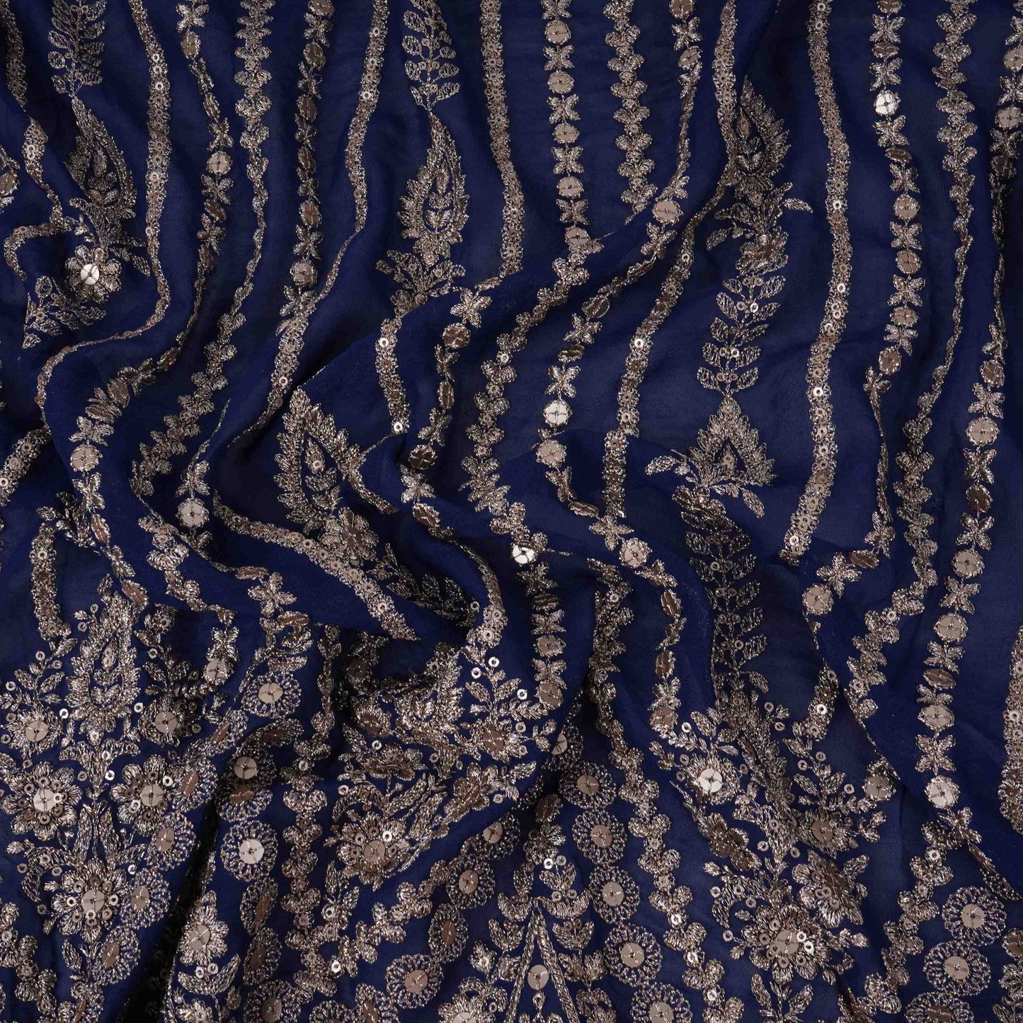 Royal Blue Heavy Zari Sequins Embroidery Georgette Fabric DR-32405