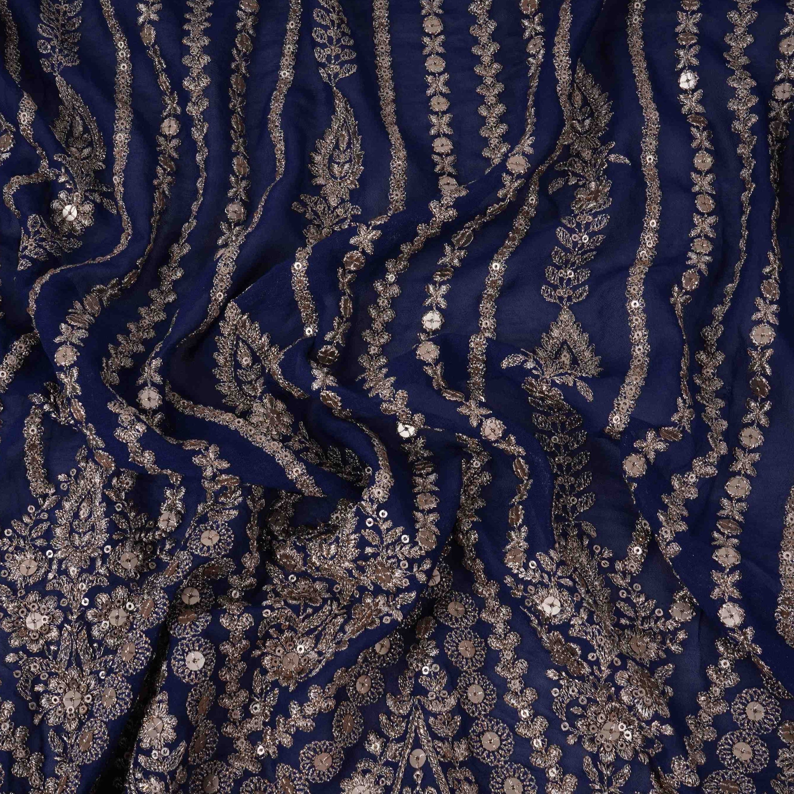 Royal Blue Heavy Zari Sequins Embroidery Georgette Fabric DR-32405 - TradeUNO