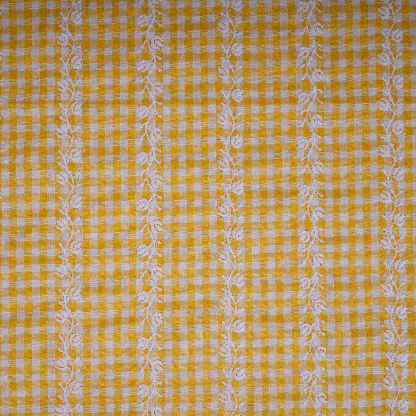 Yellow & White Check Floral Stripes Embroidery Cotton Fabric MJF-30613