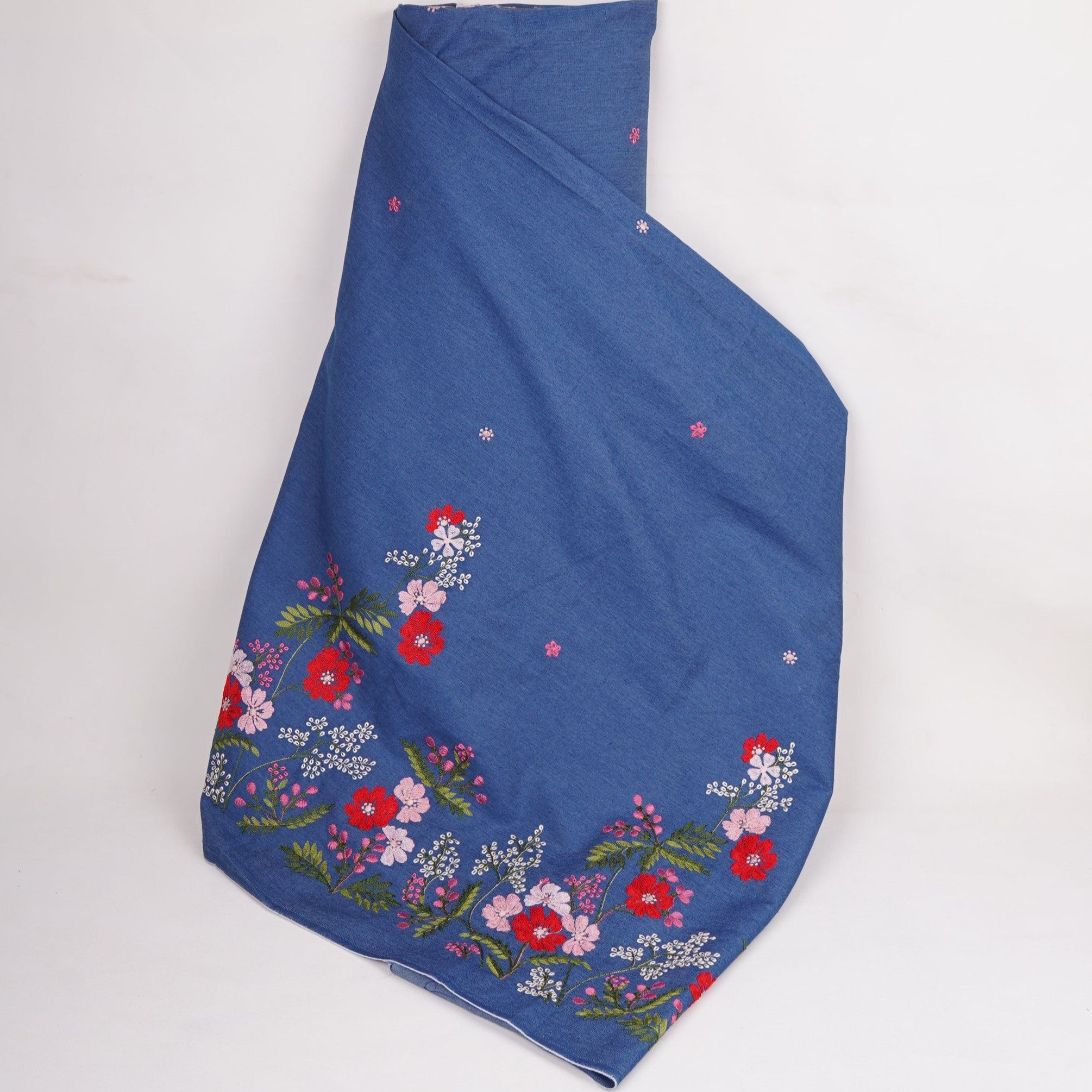 Blue Floral Thread Embroidery Denim Fabric GPF-32330 - TradeUNO