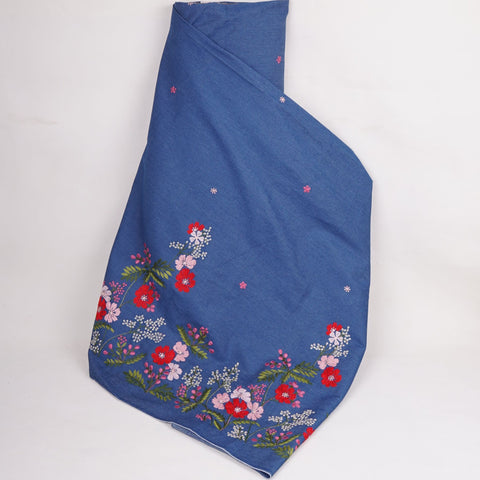 Blue Floral Thread Embroidery Denim Fabric GPF-32330