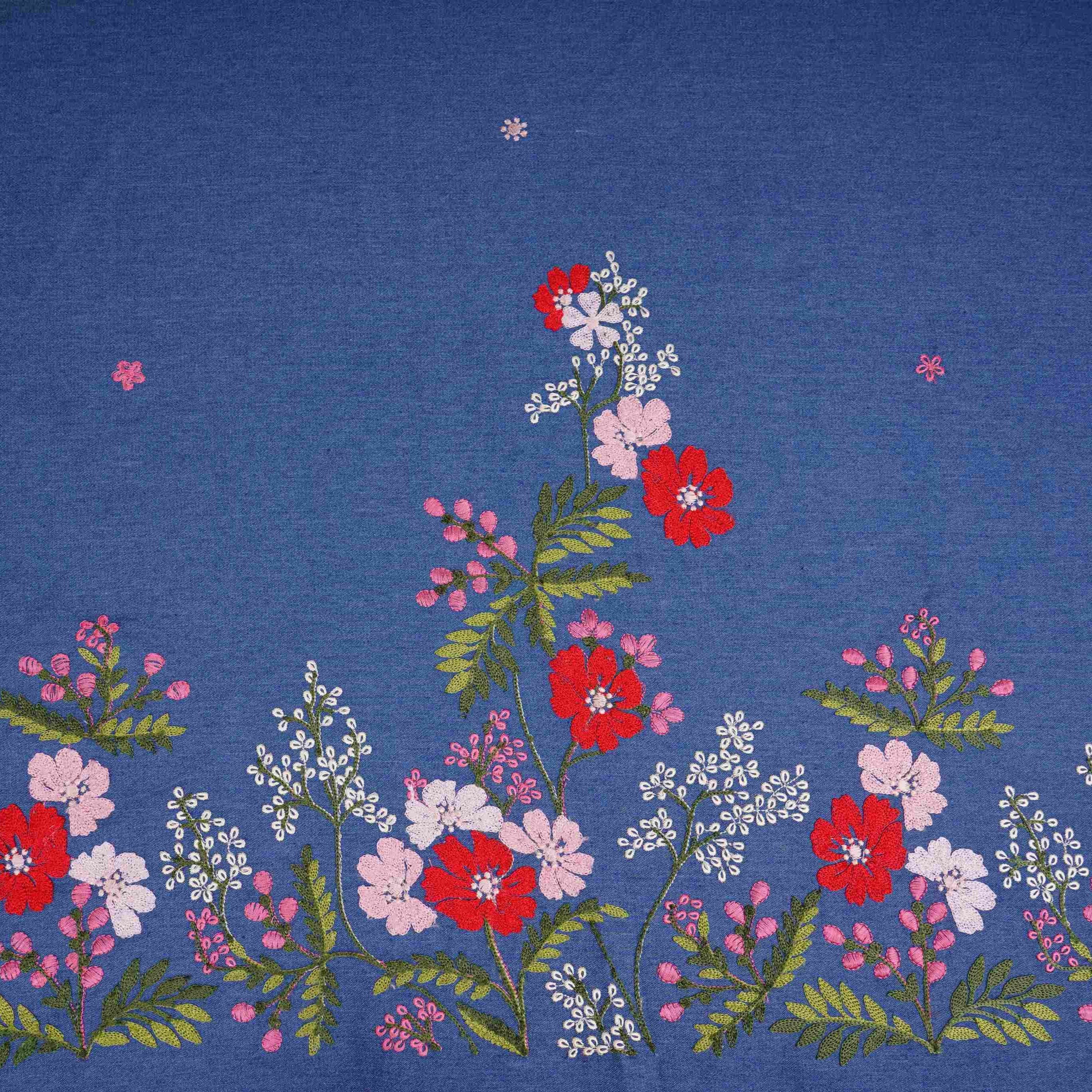 Blue Floral Thread Embroidery Denim Fabric GPF-32330 - TradeUNO