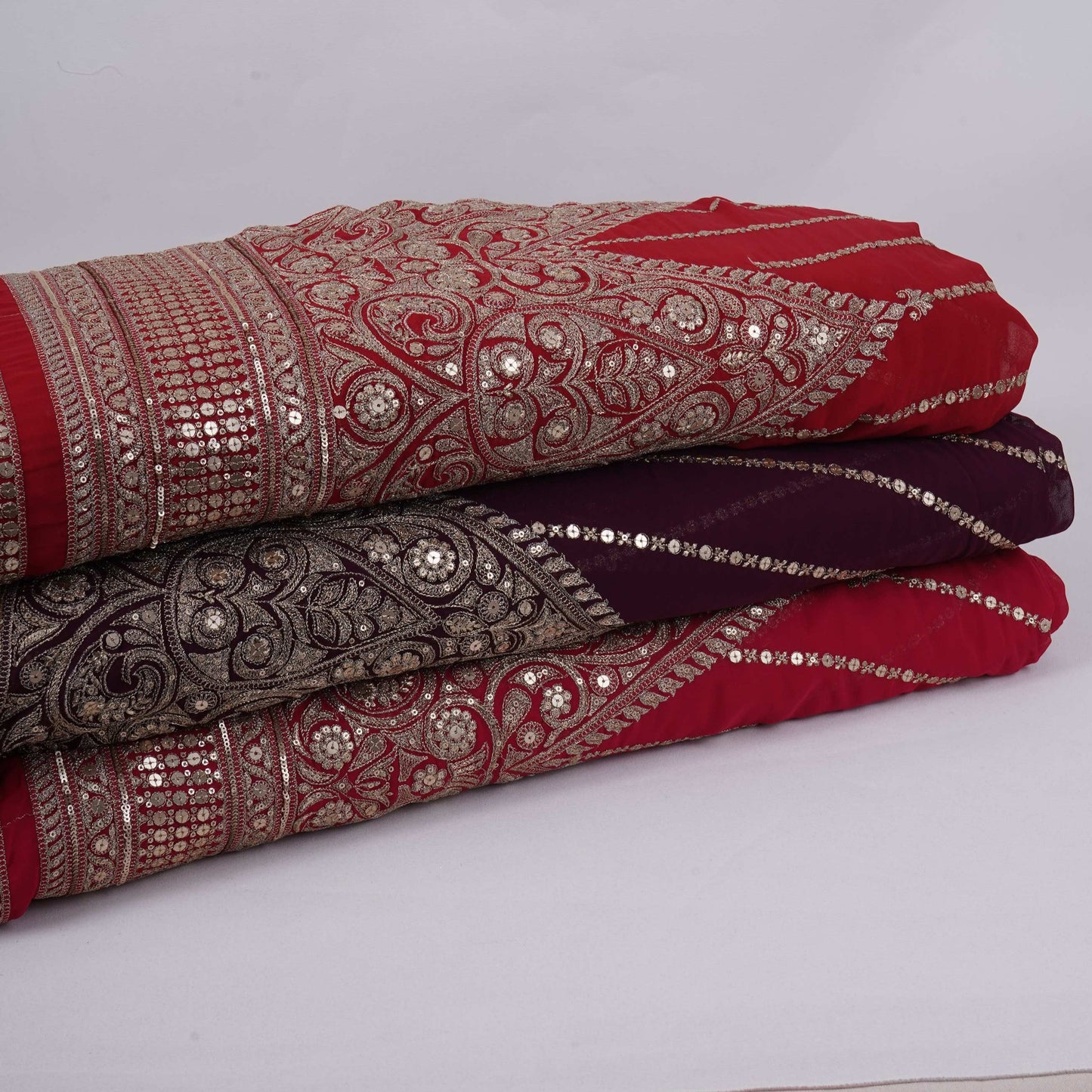 Red Zari Stripes With Sequins Embroidery Georgette Fabric DR-32370
