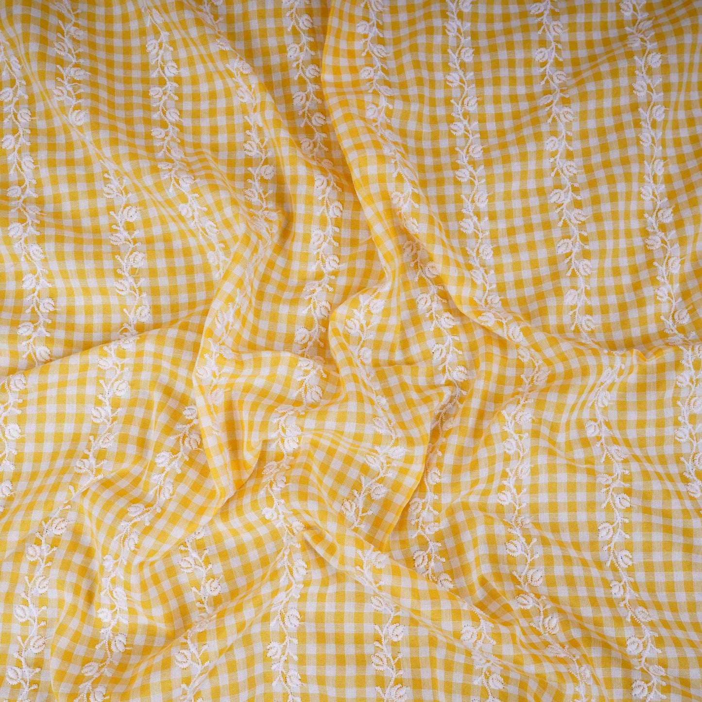 Yellow & White Check Floral Stripes Embroidery Cotton Fabric MJF-30613