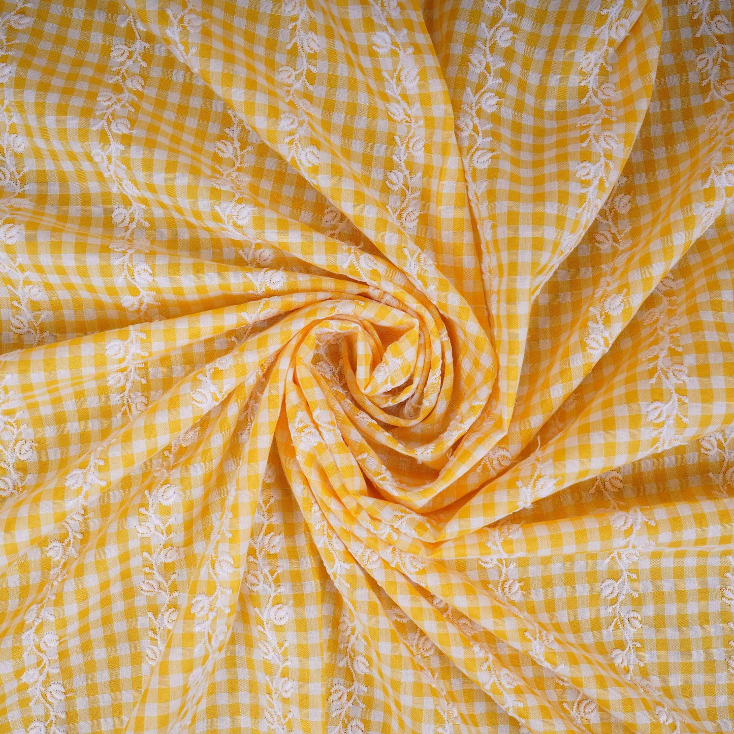 Yellow & White Check Floral Stripes Embroidery Cotton Fabric MJF-30613