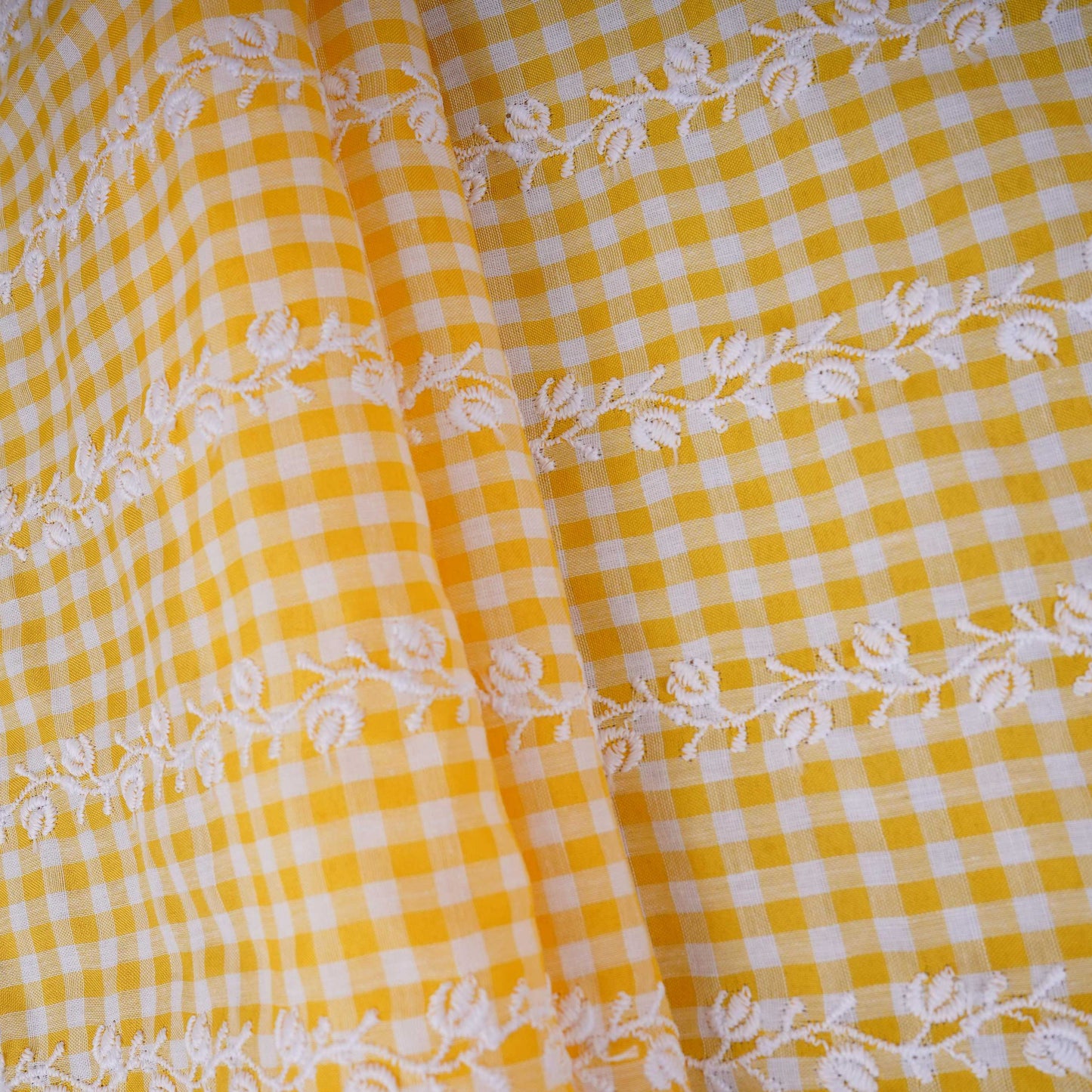 Yellow & White Check Floral Stripes Embroidery Cotton Fabric MJF-30613