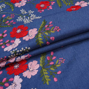 Blue Floral Thread Embroidery Denim Fabric GPF-32330 - TradeUNO