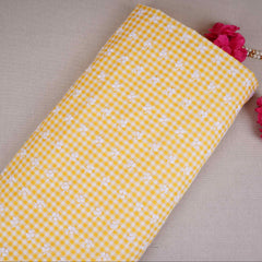 Yellow & White Check Floral Embroidery Cotton Fabric MJF-30612