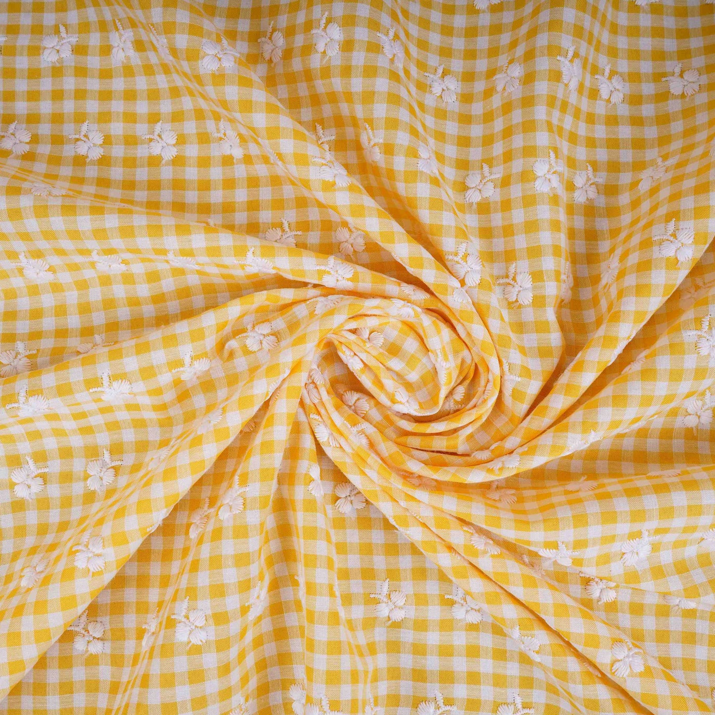 Yellow & White Check Floral Embroidery Cotton Fabric MJF-30612